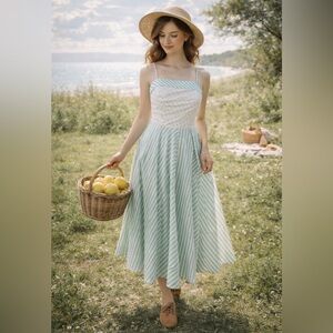 Vintage Joni Blair Polka Dot Stripe Midi Dress Mint Green USA Size 9
